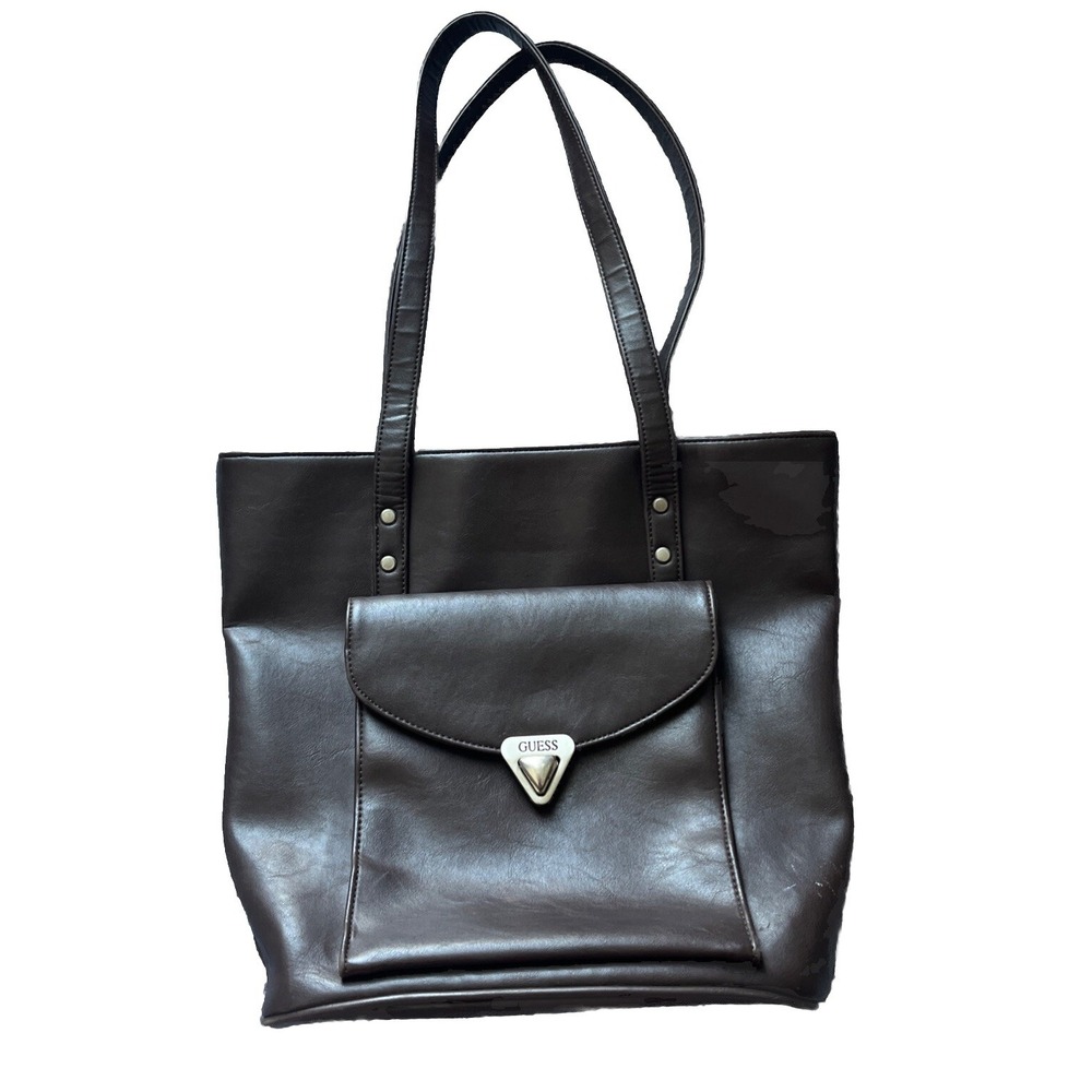 Vintage Guess Brown Triangular Turn Lock Pocket+Zip, Big Tote Shoulder Bag Purse